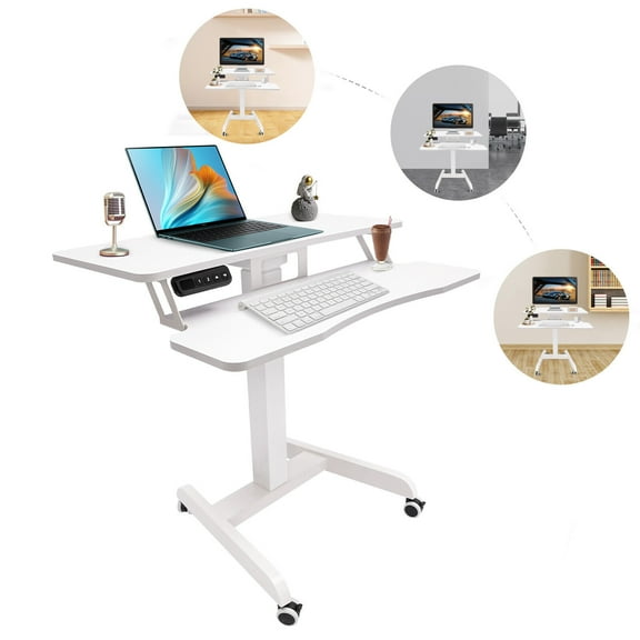 Height Adjustable Computer Desk Sit Stand Workstation Mobile Standing Desk+Wheel