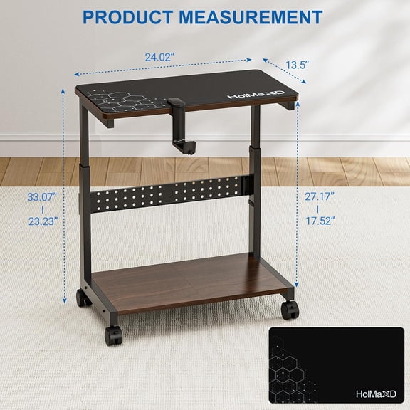 Height Adjustable Computer Tower Stand, 2-Tier ATX-Case CPU Holder with Mouse Pad & Headphone Stand, Mobile PC Standing Under Desk, Home Office Gaming Accessories, Computer Cart, Walnut