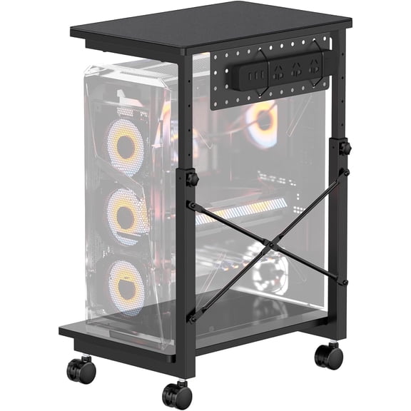 Height Adjustable Computer Tower Stand - 2-Tier ATX-Case PC Floor Stand with Rolling Wheels, Black