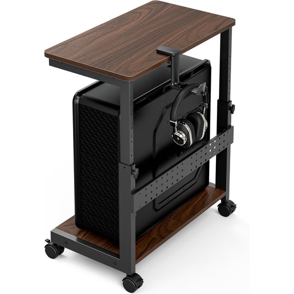 Height Adjustable Computer Tower Stand, 2-Tier-Case  Holder with Mouse Pad & Headphone Stand, Mobile PC Standing Under Desk, Home Office Gaming Accessories, Computer Cart