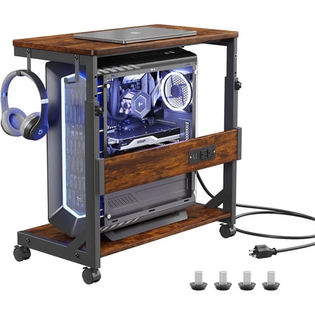 Height Adjustable Computer Tower Stand with Charge Station and USB Charging Port, 2-Tier ATX-Case Cart, Under Desk Mobile PC Stand, CPU Holder Cart with Locking Caster Wheels for Fits Most PC