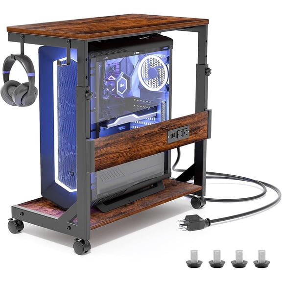 Height Adjustable Computer Tower Stand with Charge Station and USB Charging Port, 2-Tier ATX-Case Cart, Under Desk Mobile PC Stand, CPU Holder Cart with Locking Caster Wheels for Fits Most PC