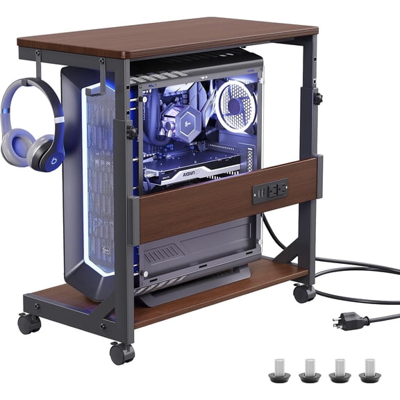 Height Adjustable Computer Tower Stand with Charge Station and USB Charging Port, 2-Tier ATX-Case Cart, Under Desk Mobile PC Stand, CPU Holder Cart with Locking Caster Wheels for Fits Most PC