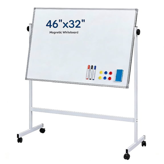 Height Adjustable Double Sided Magnetic Whiteboard 46x32 Inch, Mobile Rolling Dry Erase Board with Stand & Lockable Wheels, Large Portable White Board for Classroom, Office & Home Learning