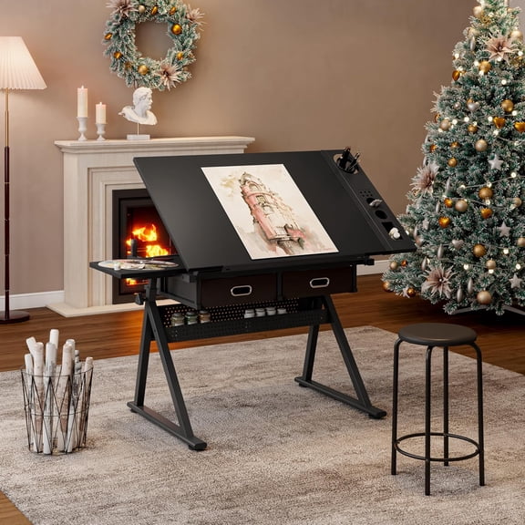 Height Adjustable Drafting Art Table for Adults, Black Drafting Drawing Table Desk with 2 Drawers and Stool, 0-75° Tilting Tabletop Art Drawing Table for Drawing