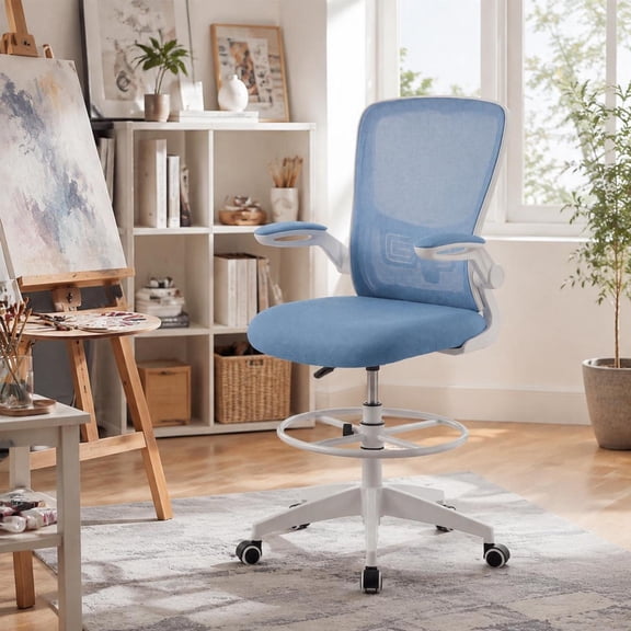 Height Adjustable Drafting Chair with Flip-up Arms, Lumbar Support, Mesh Back, Swivel Seat, Blue