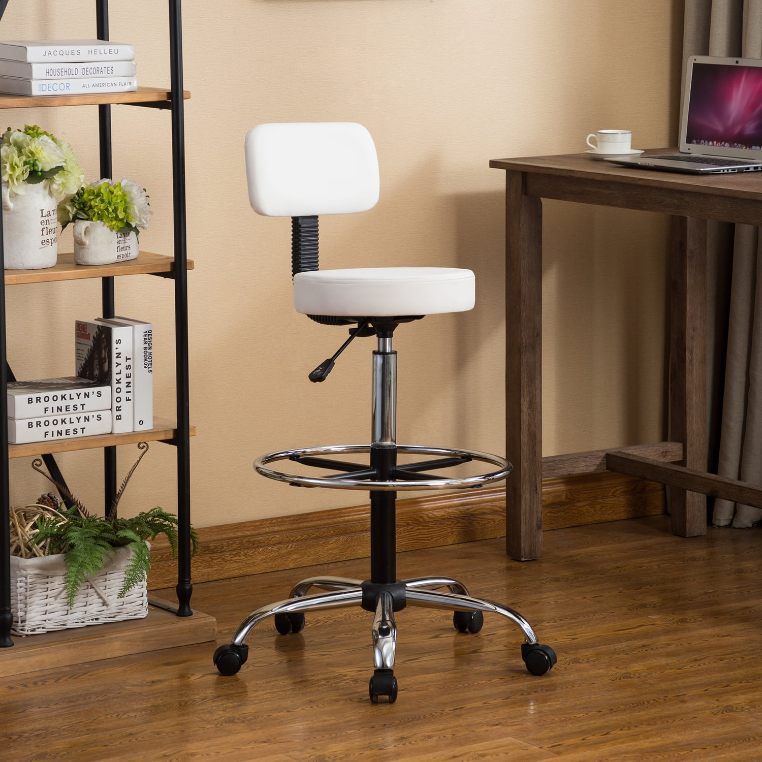 Height Adjustable Drafting Stool and Footrest Comfortable Faux