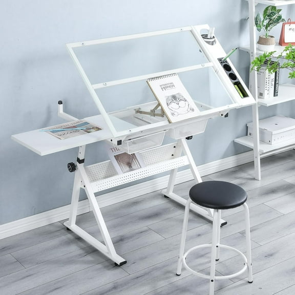 Height Adjustable Drafting Table - Modern Tempered Glasses Artist Drawing Table Tilted Tabletop with Chair - Glass Topped Art Desk Work Station with Stool for Home Office White