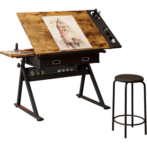 Height Adjustable Drafting Table, Tilted Tabletop Art Table for Adults, Adjustable Drawing Drafting Tables Desk with 2 Drawers and Stool for Home Office School, Rustic Brown
