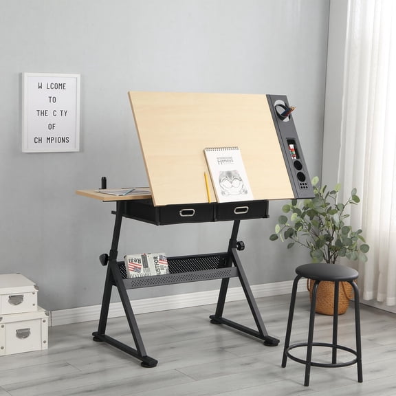 Height Adjustable Drafting Table Tilting Tabletop Art Craft Desk with Storage Drawer and Stool for Home Office (White Oak)
