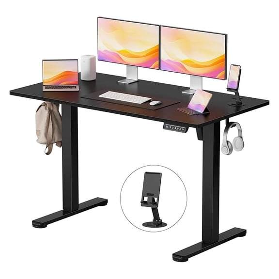 Height Adjustable Electric Standing Desk, 46 x 24 Inches Memory Home Office Sit Stand up Desk with Phone Holder and USB Charging Port, Black