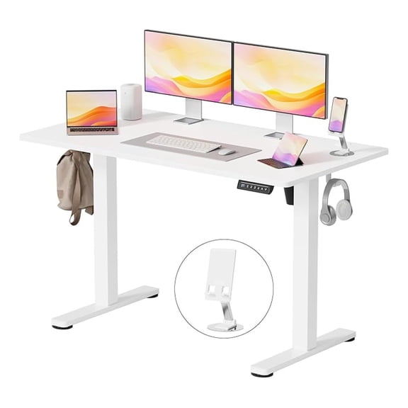 Height Adjustable Electric Standing Desk, 46 x 24 Inches Memory Home Office Sit Stand up Desk with Phone Holder and USB Charging Port, White
