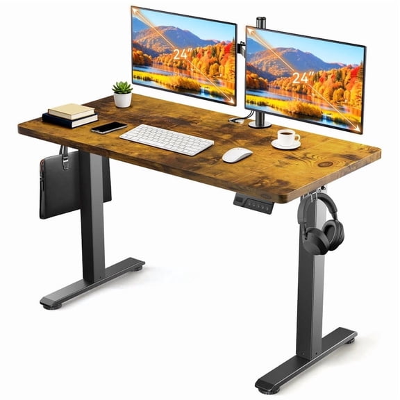 Height Adjustable Electric Standing Desk, 4824 Inch Sit Stand Desk with 3 Memory Presets, Electric Height Adjustable Home Office Computer Desk, Cable Management Box, 2 Hooks and 5 Cable Ties, Brown