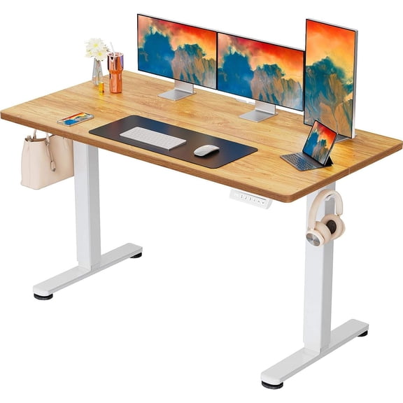 Height Adjustable Electric Standing Desk, 55 x 28 Inches Sit Stand Desk with Memory Function, Light Brown