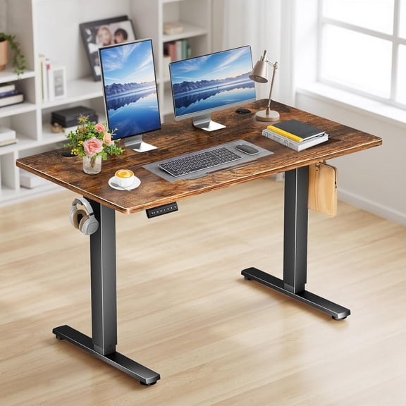 【Holiday Special】48x24 Inch Electric Standing Desk with T-Shaped Bracket for Premium Stability, Large Adjustable Height Home Office Desk, Rusty Brown