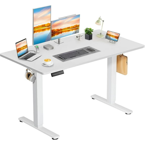 Holiday Special48x24 Inch Electric Standing Desk with T-Shaped Bracket for Premium Stability, Large Adjustable Height Home Office Desk, White