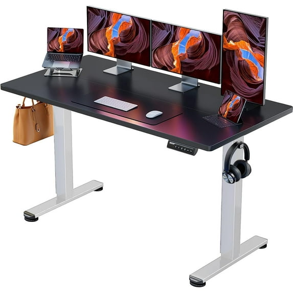 Height Adjustable Electric Standing Desk, Sit Stand up Desk, Memory Computer Home Office Desk with Two-Piece Desktop (White Legs with Black Tabletop, 48 * 24 Inch)