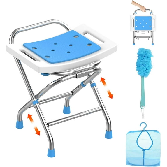 Height Adjustable Folding Shower Chair Seat, Stainless Steel Shower Chair for Inside Shower w/Crossbar, 400LB Portable Travel Shower Stool, Safety Anti-Slip Bath Chair for Seniors,White