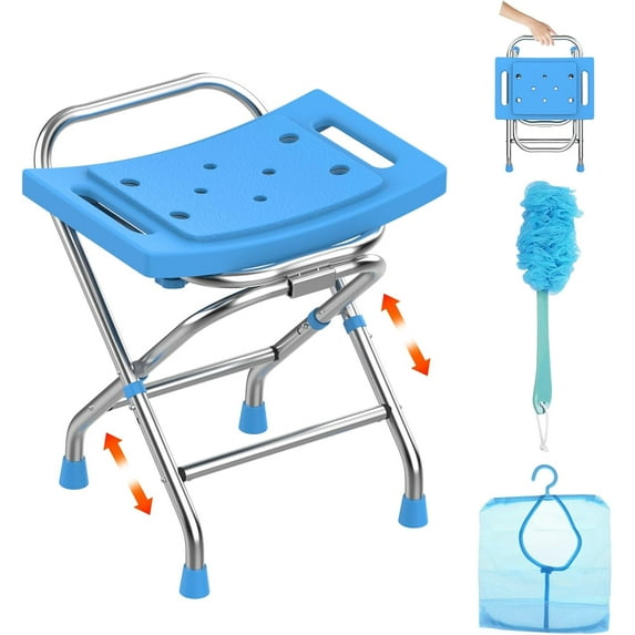 Height Adjustable Folding Shower Chair Seat, Stainless Steel Shower Chair for Inside Shower w/Crossbar, 400LB Portable Travel Shower Stool, Safety Anti-slip Bath Chair for Seniors, Adults,Blue