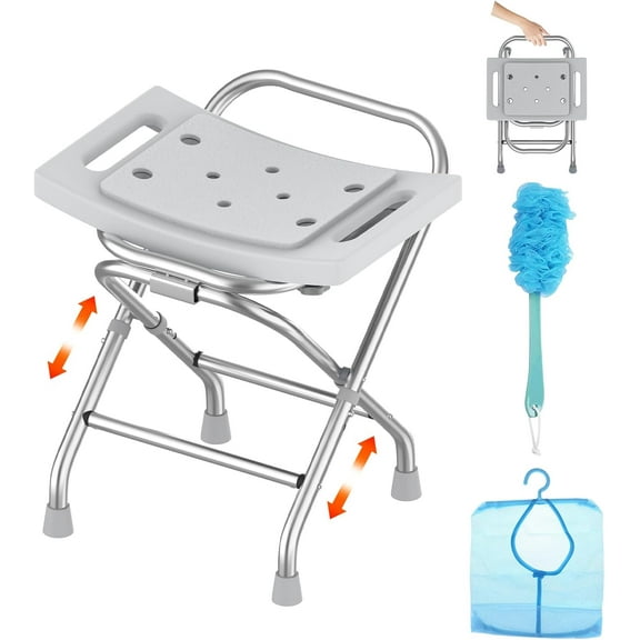 Height Adjustable Folding Shower Chair w/Crossbar, 400lbs Stainless Steel Foldable Shower Chair for Inside Shower, Anti-Slip Portable Travel Shower Stool, Safety Bath Chair for Seniors, Gray