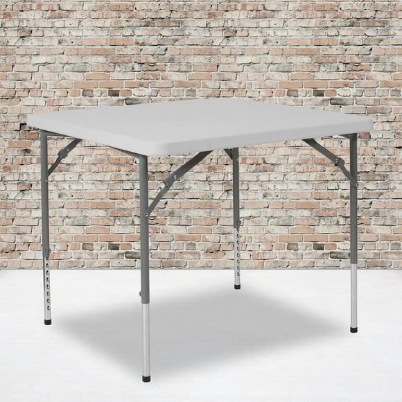 Height Adjustable Granite White Folding Table 2.79 Feet Square Portable Compact for Card Games Chess Checkers Home Office, White