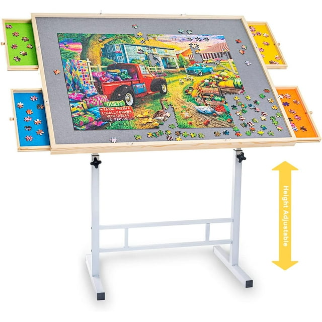 Height Adjustable Jigsaw Puzzle Table with Colorful Drawers & Wooden