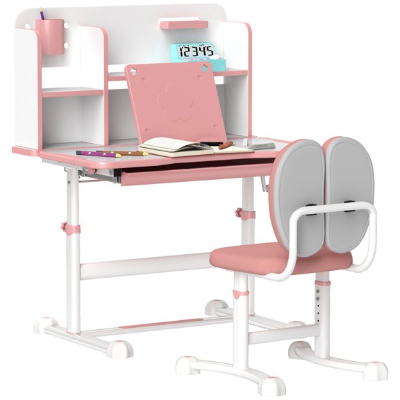 Height Adjustable Kids Desk and Chair Set with Tilt Desktop, Storage Drawer and Reading Rack, Pink MDF Study Desk for Writing, Reading and Drawing, 31.5 L x 21.7 W x 42.3 H