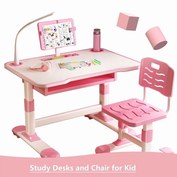 Height-Adjustable Kids Study Desk, Kids Desk with Storage Drawer, Reading Stand and Holes for Lamp, Table for Kids(Pink)