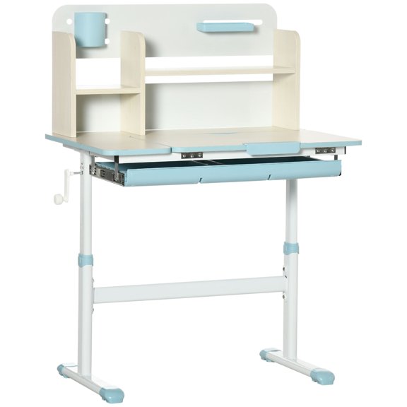 Height Adjustable Kids Study Desk with Tilt Top, Blue MDF Student Writing Desk for Children Ages 3-12, Space Saving Desk with Drawer and Storage Shelf
