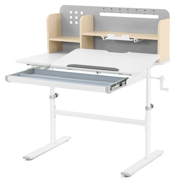 Height Adjustable Kids Study Desk Tilting Desktop Ergonomic Students Drafting Table with Shelf,Drawer(Gray)