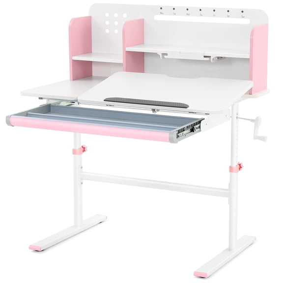 Height Adjustable Kids Study Desk Tilting Desktop Ergonomic Students Drafting Table with Shelf,Drawer(Pink)