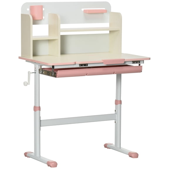 Height Adjustable Kids Study Desk with Tilt Desktop, Pink MDF Student Writing Desk for Home School