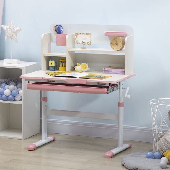 Height Adjustable Kids Study Desk with Tilt Top, Pink MDF Children Writing Table for Ages 3-12, Student Desk with Drawer and Storage Shelf