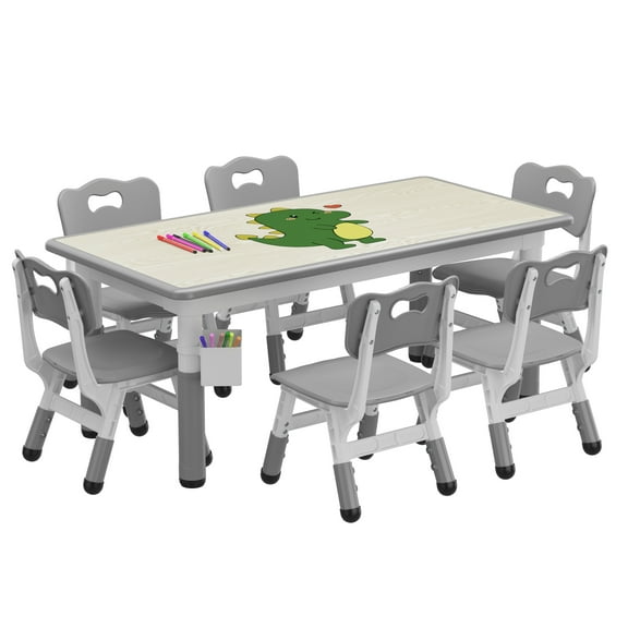 Height Adjustable Kids Table and 6 Chairs Set – Graffiti-Proof Wood Grain Desktop, Non-Slip Ergonomic Design, Storage Box – Multi-Activity Table for Ages 2-10, Home, Daycare, Preschool – Light Gray
