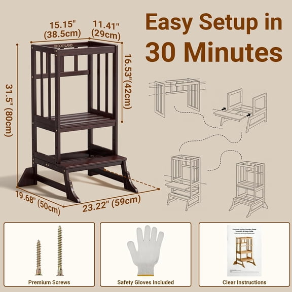 Height Adjustable Kitchen Stool for Toddlers – Portable Toddler Standing Tower for Learning and Cooking – Stable Kids Helper Tower with Stability Block for Kitchen Counter (Walnut)