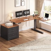Height Adjustable L Shaped Electric Standing Desk, 70.9" Farmhouse Office Computer Desk with 3 Drawers