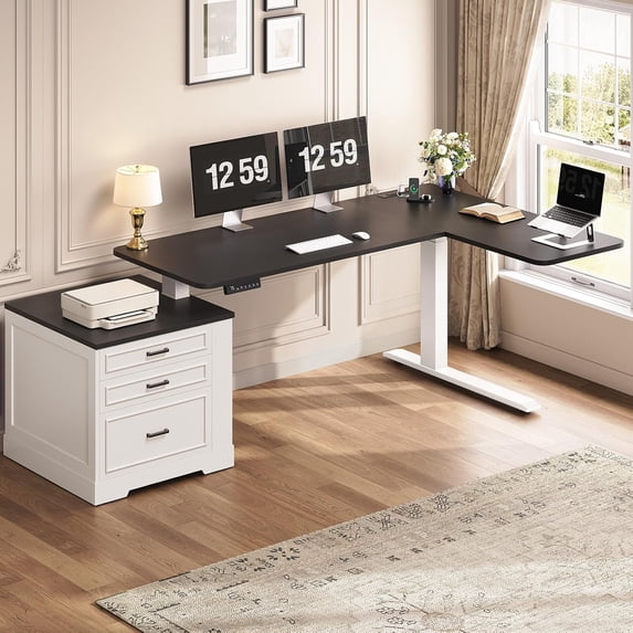 Height Adjustable L Shaped Electric Standing Desk, 70.9" Farmhouse Office Computer Desk with 3 Drawers