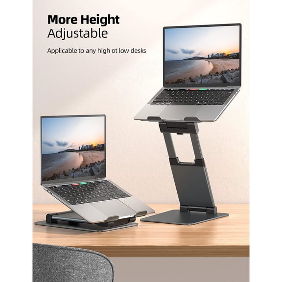 Height Adjustable Laptop Stand for Desk, Dual Foldable Aluminum Computer Riser, Pull Out Design Ergonomic Sit to Notebook Holder Convertor, Compatible with All 10-17" Laptops, Tablets, Gray