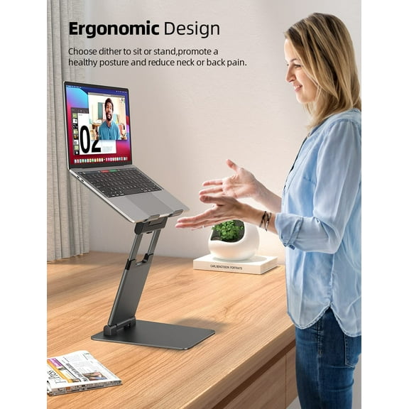 Height Adjustable Laptop Stand for Desk, Dual Foldable Aluminum Computer Riser, Pull Out Design Ergonomic Sit to Notebook Holder Convertor, Compatible with All 10-17" Laptops, Tablets, Gray