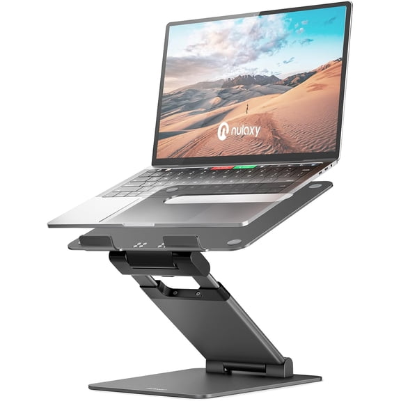 Height Adjustable Laptop Stand for Desk, Dual Foldable Aluminum Computer Riser, Pull Out Design Ergonomic Sit to Notebook Holder Convertor, Compatible with All 10-17" Laptops, Tablets, Gray