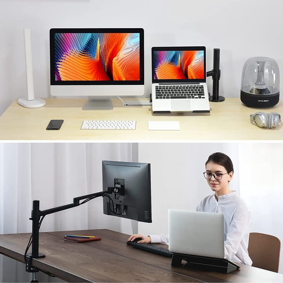 Height Adjustable Laptop Stand with VESA Mount for 12-17 Inch Notebooks and 17-32 Inch Monitors, Premium Aluminum Alloy Arm Support with Management