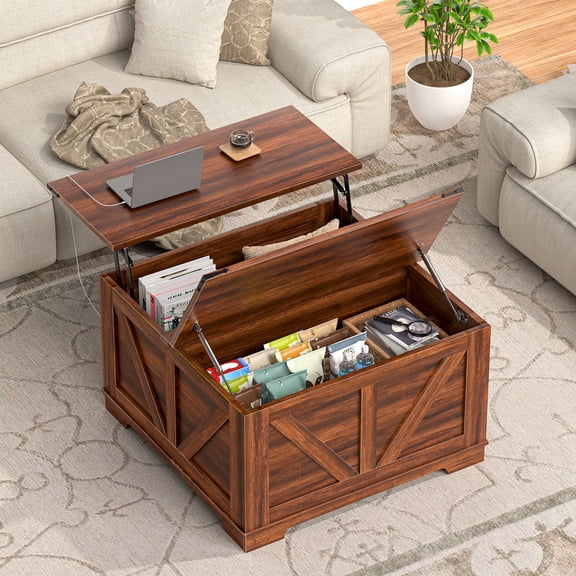 Height Adjustable Lift Top Coffee Table, Dark Brown Modern Cocktail Table with 60N Lift Mechanism, Multi-Functional Center Table for Small Space Living Room