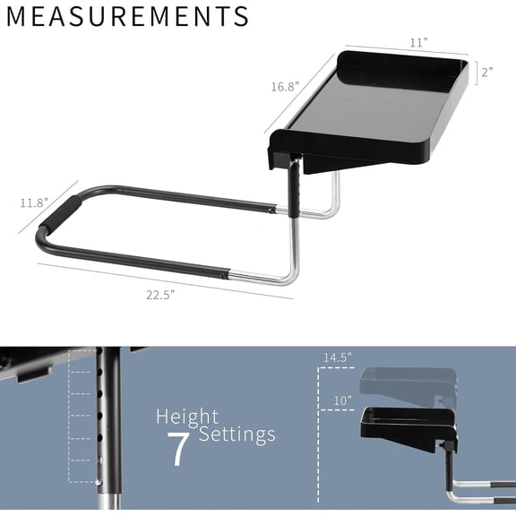 Height Adjustable Under Mattress 17 inch Bedside Shelf, Works with Lofts and Beds Without Frames, Heavy Duty Storage Tray, Fits Laptops, Books, and Drinks, Nightstand Alternative, Black