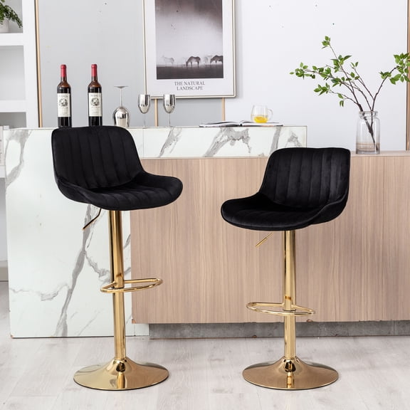 Height Adjustable Mechanical Lifting Bar Stool With Footrest And Base, Swivel Function, Velvet + Golden Leg, Of 2, Black. Foam Filler, Fabric Main Material, 32.28 In H, 18.35 W, 20.28 D, 15.63 Lb &