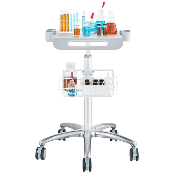 Height Adjustable Medical Cart with Wheels 26.77 to 42.91 Inch Rolling Salon Trolley Aluminum Mobile Lab Cart with Metal Baskets 5 Casters with Brakes for Clinic Spa Beauty Salon Office Use