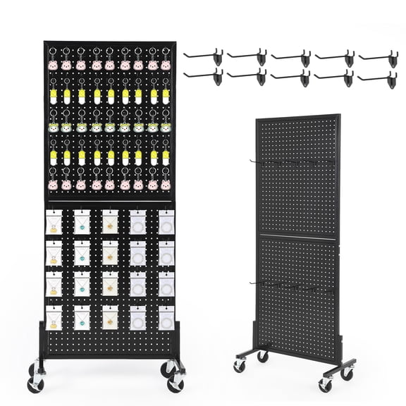 Height-Adjustable Metal Pegboard Display Shelf on Wheels, Freestanding with T-Base & 10 Hooks, Black