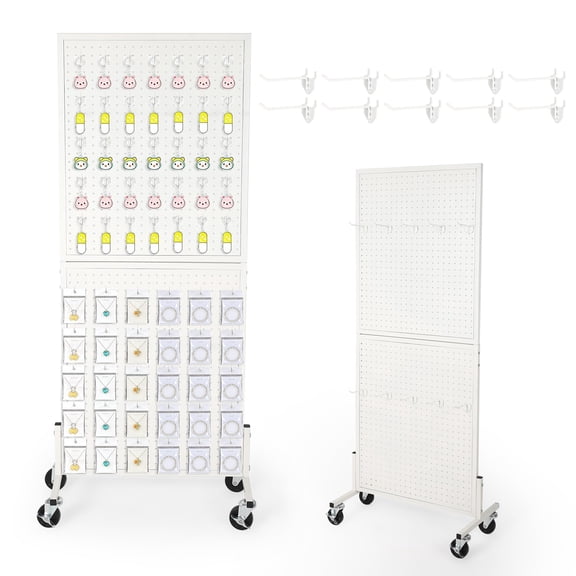 Height-Adjustable Metal Pegboard Display Shelf on Wheels, Freestanding with T-Base & 10 Hooks, White