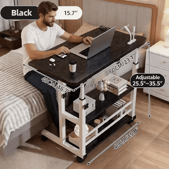 Height Adjustable Mobile Bedside Laptop Desk With Storage Shelves, 2335 Inch Adjustable Rolling Computer Table With 360 Swivel Wheels For Bedroom And Home Use