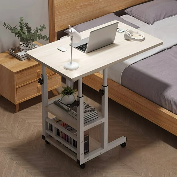 Height-Adjustable Mobile Computer Desk - 4-Wheel Rolling Table with Dual Shelves