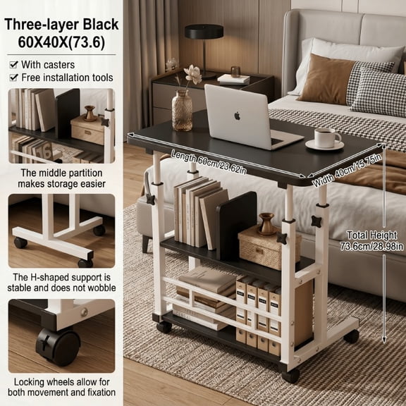 Height Adjustable Mobile Folding Computer Desk, Portable Multifunctional Standing Study Table for Office Bedside Sofa Craft Room Home Office
